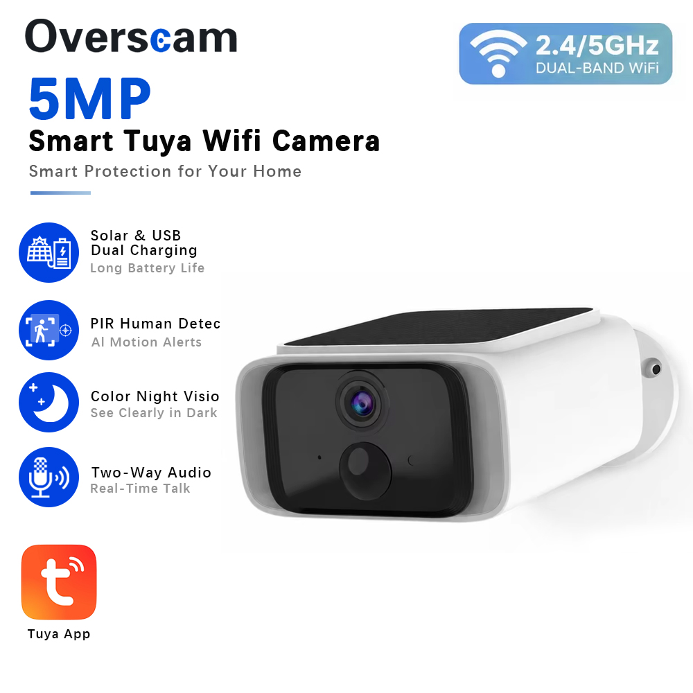 Outdoor Sport Camera - Tuya 5MP Solar-Überwachungskamera, kabellose 2,4/5G-WLAN-Kamera für